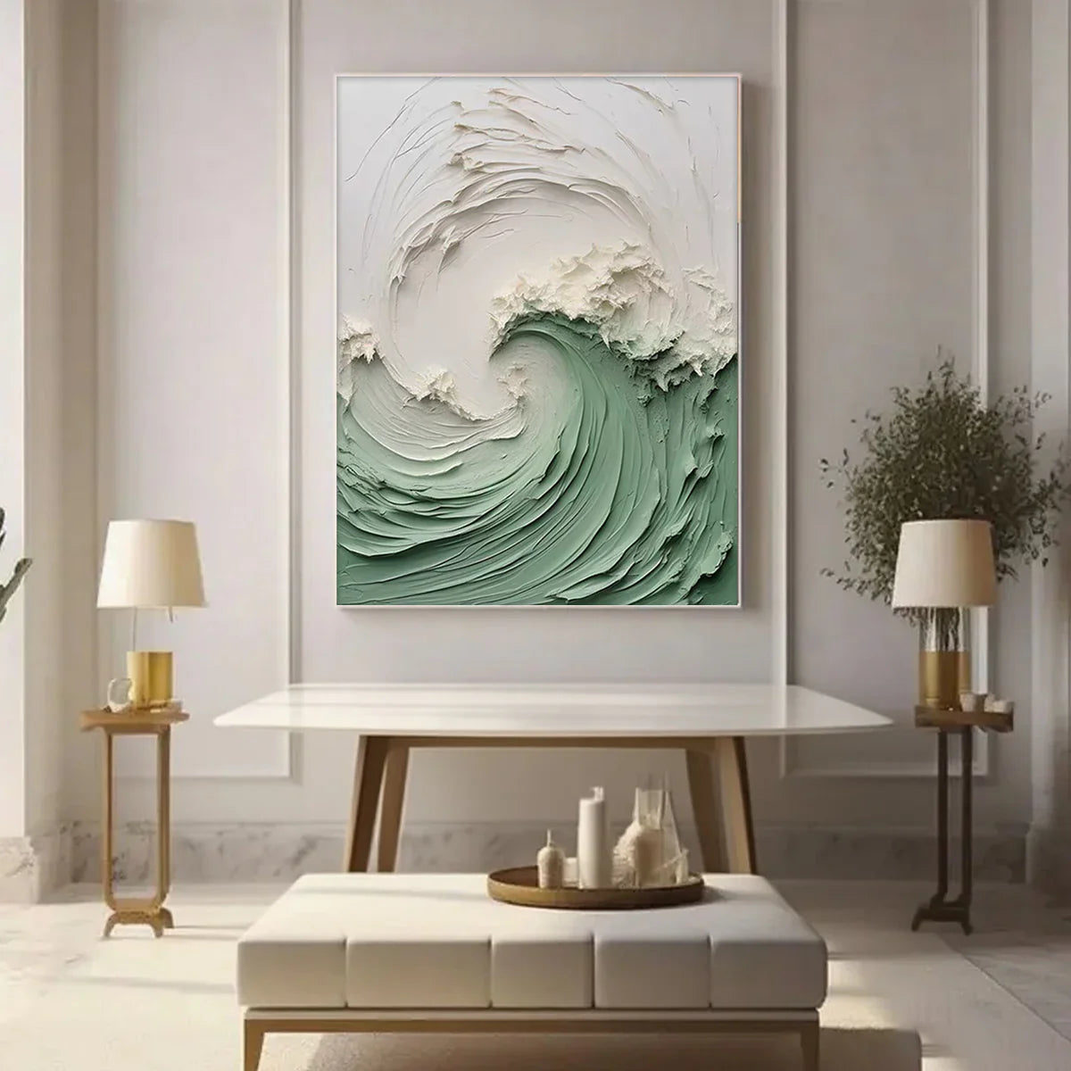 Abstract Ocean Wave Painting / Green & White