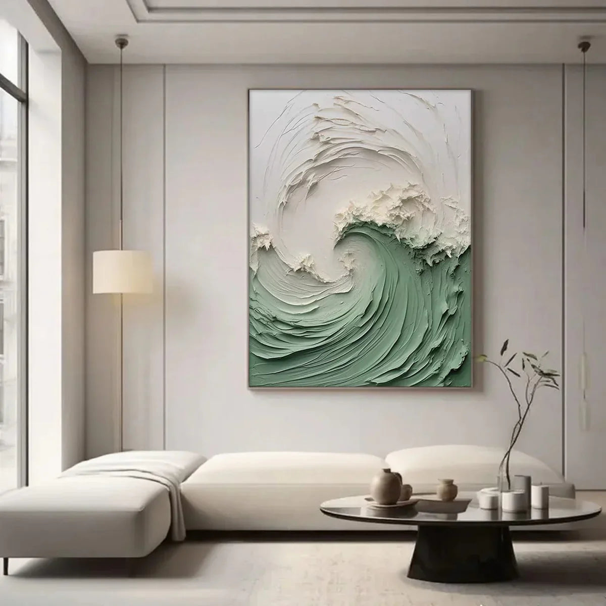 Abstract Ocean Wave Painting / Green & White