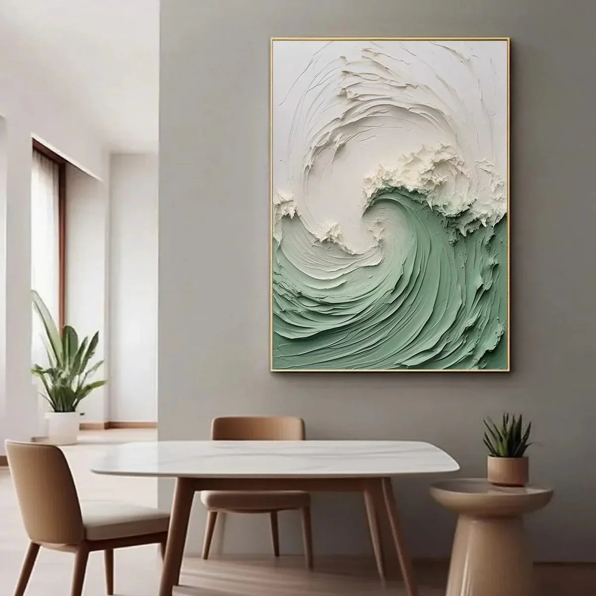 Abstract Ocean Wave Painting / Green & White
