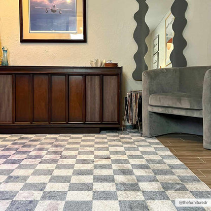 Brone Blue Checkered Washable Rug